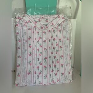 New Adonna Pink Rose Lace Trimmed Cotton Flannel Nightgown L